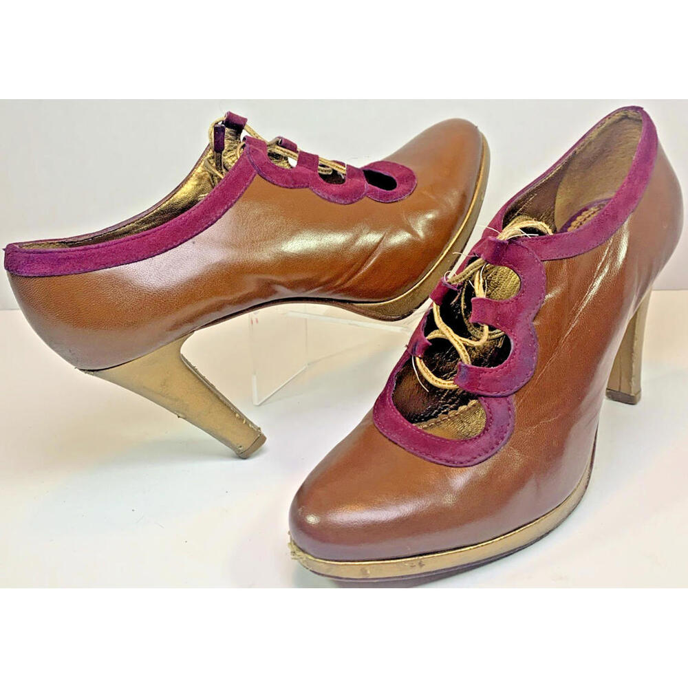Leifsdottir Brown Leather Burgundy Suede Edging Dancing Heels Shoes Sz 6 1/2